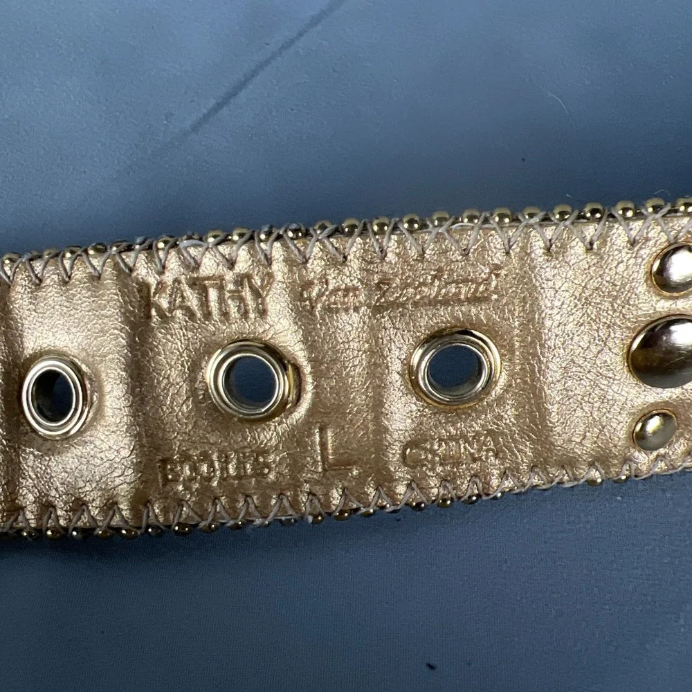 Kathy Van Zeeland Womens Belt Large Leopard Print Gold Studded Rhinestone Buckle